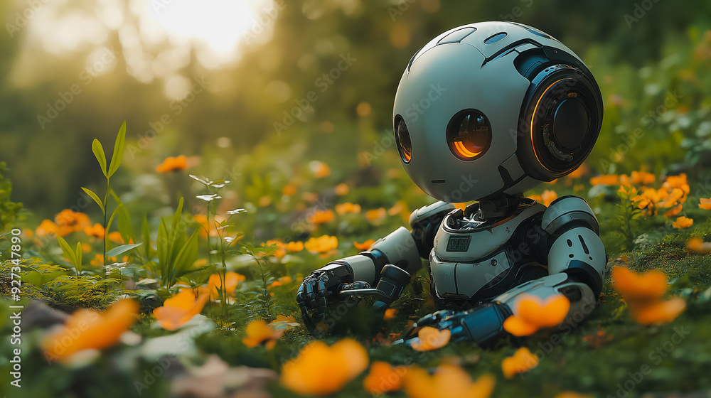 A futuristic robot carefully watering a garden of vibrant flowers, surrounded by lush greenery, gentle sunlight, nature-loving AI A futuristic robot carefully watering a garden of vibrant flowers, surrounded by lush greenery, gentle sunlight, nature-loving AI