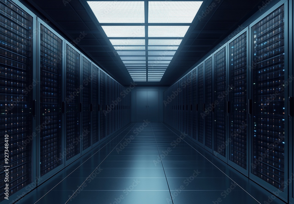 3D rendering of many rows of cabinets with computer servers in a data center room interior 3D rendering of many rows of cabinets with computer servers in a data center room interior