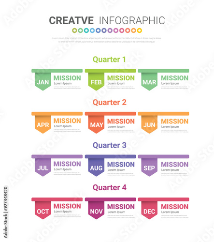 Timeline for 1 year, calendar, 12 months, Presentation business 4 quarter, Infographic Timeline can be used for workflow, process diagram, flow chart.