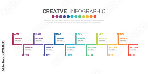 Timeline presentation for 12 months, 1 year, Timeline infographics design vector and Presentation business can be used for Business concept with 12 options, steps or processes.