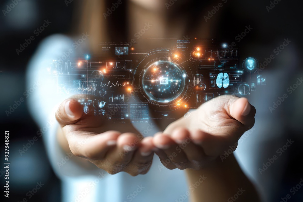 Hand of woman holding a hologram of healthcare diagnostics, featuring AI-driven medical imaging, personalized treatment plans, and telehealth consultations. Hand of woman holding a hologram of healthcare diagnostics, featuring AI-driven medical imaging, personalized treatment plans, and telehealth consultations.