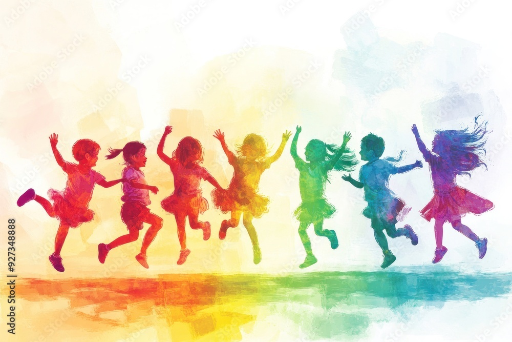 Fototapeta premium Watercolor Illustration of Children Jumping in a Rainbow Formation