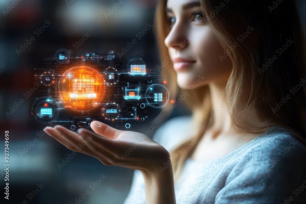 Hand of woman holding a hologram of retail logistics, featuring automated warehousing, real-time delivery tracking, and efficient last-mile solutions. Hand of woman holding a hologram of retail logistics, featuring automated warehousing, real-time delivery tracking, and efficient last-mile solutions.