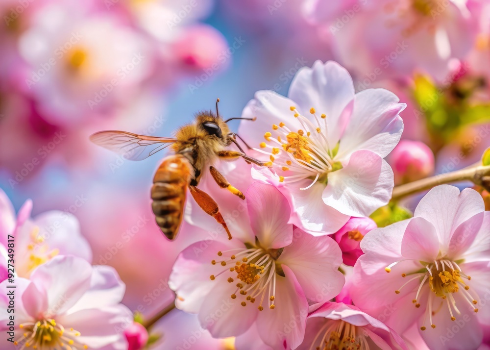 A busy honey bee is surrounded by delicate petals as it collects sweet pollen and nectar from a vibrant pink cherry blossom in spring. A busy honey bee is surrounded by delicate petals as it collects sweet pollen and nectar from a vibrant pink cherry blossom in spring.