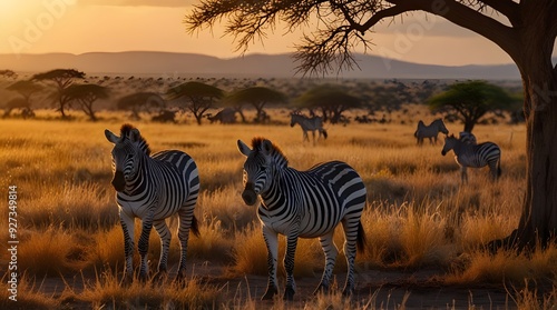 zebras in the african savanna against the backdrop of beautiful sunset.generative.ai
