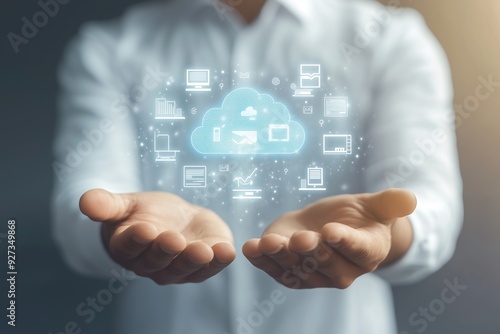 Wallpaper Mural Businessman holding virtual icons of cloud storage and documents in hand Torontodigital.ca