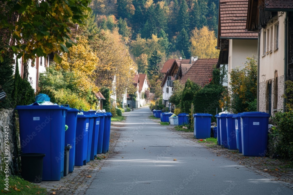 Blue Recycling Bins Lined Up in Scenic Village