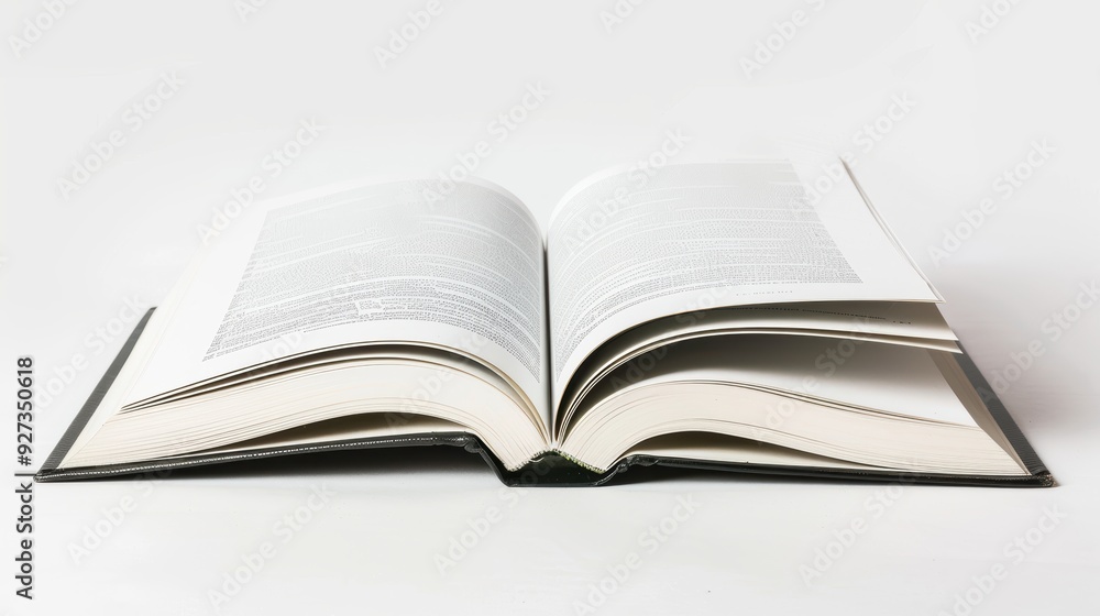 Open book with fanned pages on a white surface, ready for text placement Open book with fanned pages on a white surface, ready for text placement