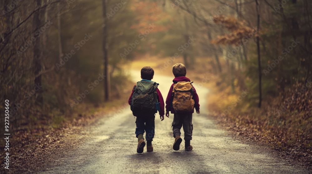Two boys walking down a forest path with backpacks Two boys walking down a forest path with backpacks