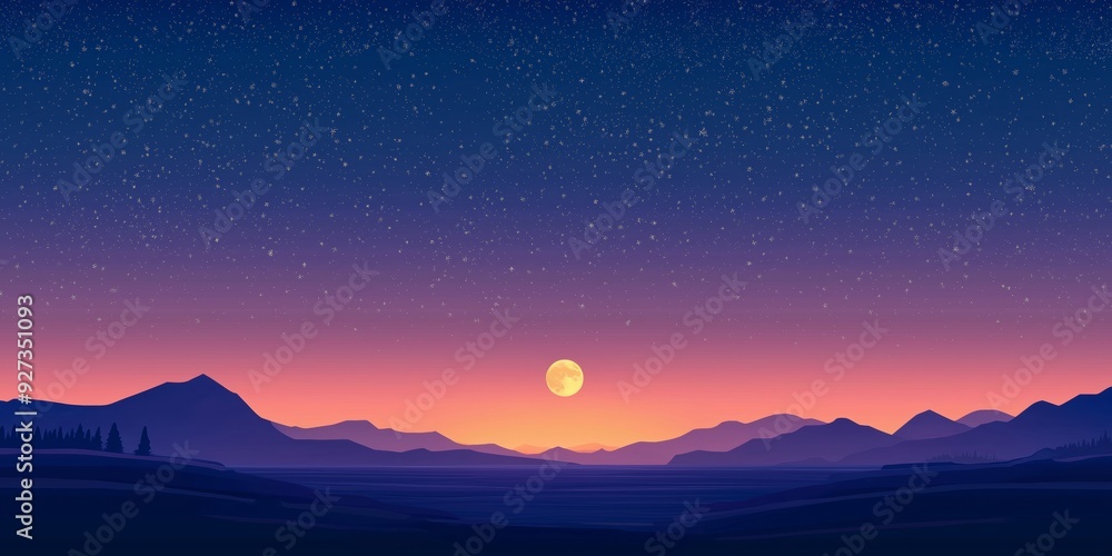Fototapeta premium A beautiful night sky with a full moon and stars. The sky is purple and the mountains in the background are also purple. The scene is peaceful and serene, with the moon