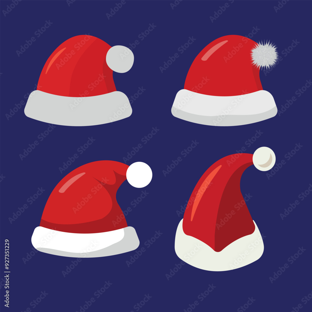 Set of Santa Claus hats. Festive winter hat. Red Santa Claus hats with white fur. Vector collection of Santa Claus hats. Vector illustration Set of Santa Claus hats. Festive winter hat. Red Santa Claus hats with white fur. Vector collection of Santa Claus hats. Vector illustration