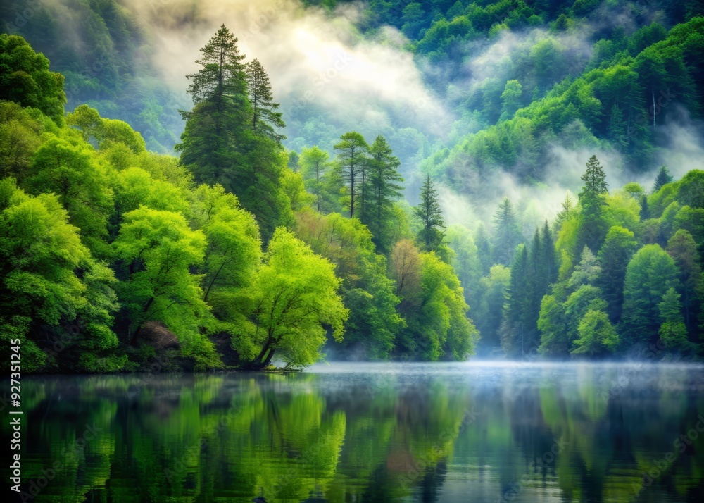 Dense green forest with varied trees and foliage shrouded in eerie mist, blending seamlessly with calm waters at the serene forest's edge.