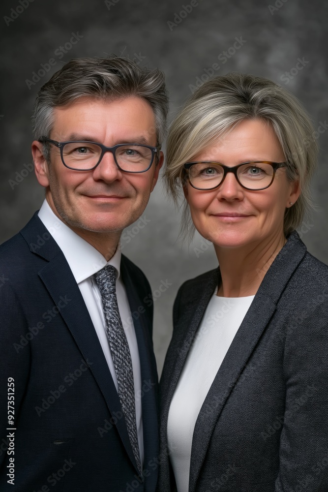 Two people wearing glasses and suits are posing for a photo. The man is wearing a tie and the woman is wearing a white shirt. The photo has a professional and formal feel to it Two people wearing glasses and suits are posing for a photo. The man is wearing a tie and the woman is wearing a white shirt. The photo has a professional and formal feel to it