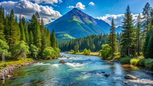 Scenic summer view of serene Bed Mountain River Kyngarga surrounded by lush green forest and distant wooded mountains under a clear blue sky. photo