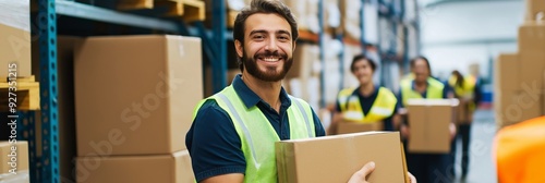 A man wearing a safety vest is smiling as he carries a box. He is surrounded by other people who are also wearing safety vests