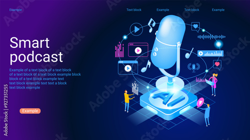 Concept of podcast, radio, broadcasting.. Icon composition with microphone, recording audio, listening talk or interview in mobile podcasting application.