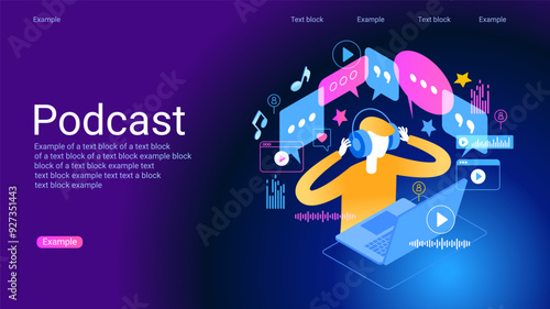 Concept of podcast, radio, broadcasting.. Icon composition with microphone, recording audio, listening talk or interview in mobile podcasting application.