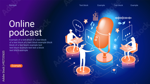Concept of podcast, radio, broadcasting.. Icon composition with microphone, recording audio, listening talk or interview in mobile podcasting application.