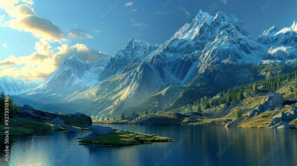 Fototapeta premium Majestic mountain range with snow-capped peaks reflected in a serene lake.