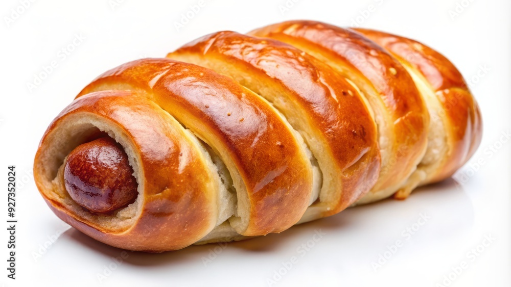 Juicy sausage wrapped in golden brown dough, fresh from the oven, sitting alone on a crisp white background, waiting to be devoured. Juicy sausage wrapped in golden brown dough, fresh from the oven, sitting alone on a crisp white background, waiting to be devoured.