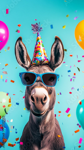 Party animal! Colorful photp of funny, happy donkey on aqua background. Ballons, confetti, happy mood. Birthday celebration vertical banner, instagram story, reel or tiktok