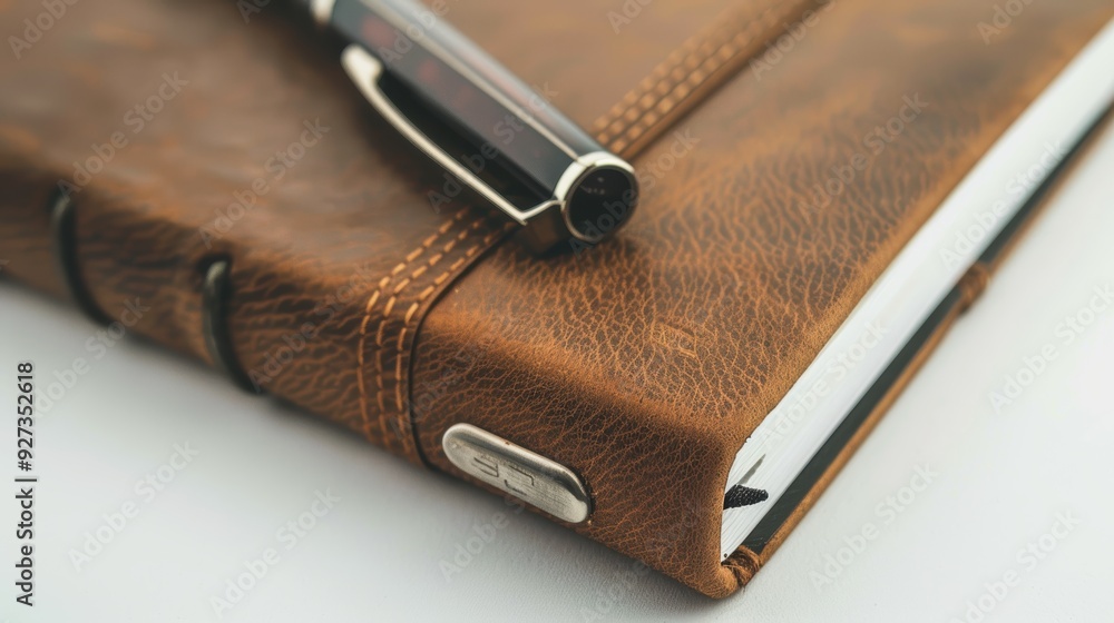 Brown leather notebook with a pen on top, evoking a sense of order and organization Brown leather notebook with a pen on top, evoking a sense of order and organization