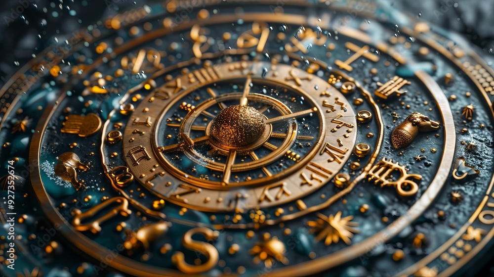 Fototapeta premium Astrological Metal Clock Face With Detailed Symbols, Signs, and Celestial Decor, Raindrops on Metal.