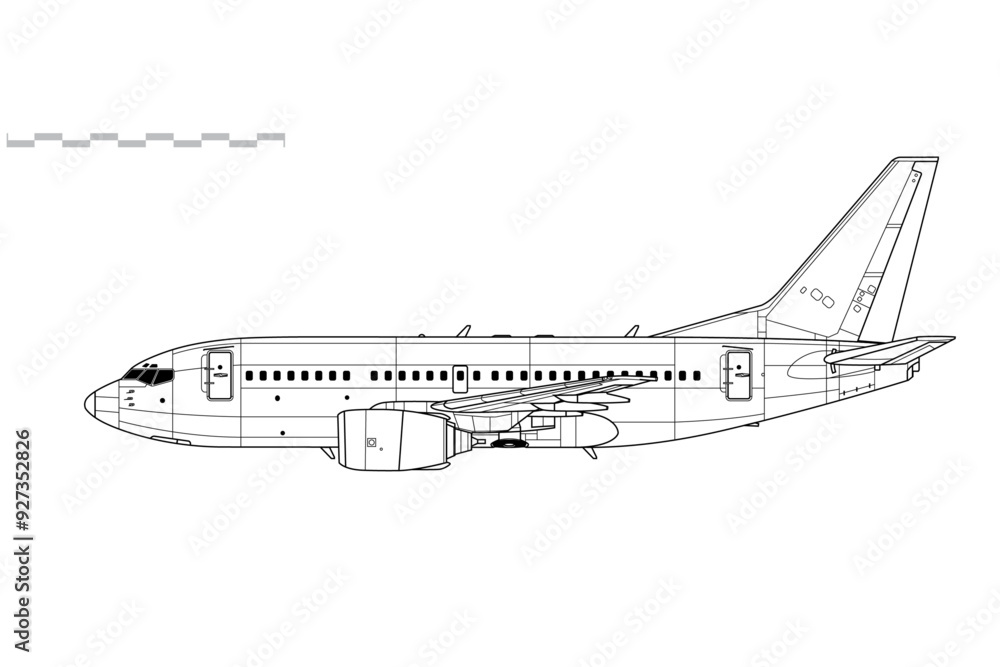 Boeing 737-600 Next Generation. Vector drawing of short-range passenger jet airliner. Side view. Image for illustration and infographics. Boeing 737-600 Next Generation. Vector drawing of short-range passenger jet airliner. Side view. Image for illustration and infographics.