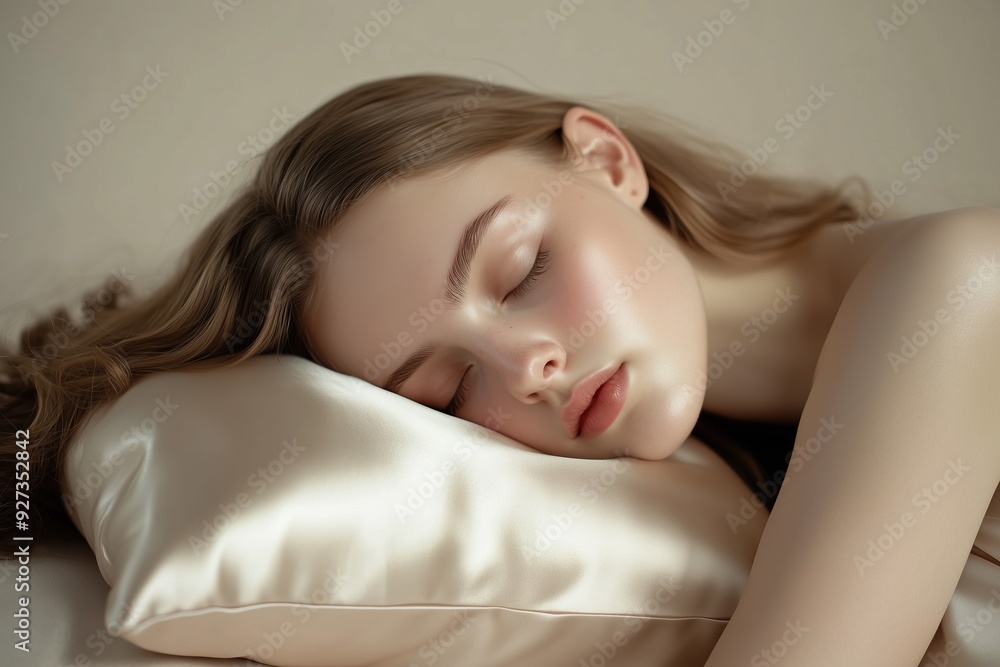 Close-up of a woman peacefully sleeping on a silk pillow with soft light illuminating her serene expression Close-up of a woman peacefully sleeping on a silk pillow with soft light illuminating her serene expression