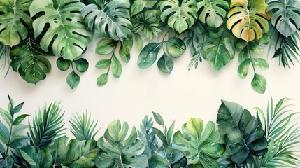 Fototapete Dschungel A watercolor banner frame with tropical leaves and branches is isolated on a white background, ready for use in invitations and wedding designs.  © Igal