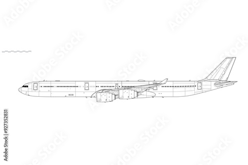 Airbus A340-600. Vector drawing of long-range, passenger jet airliner. Side view. Image for illustration and infographics.
