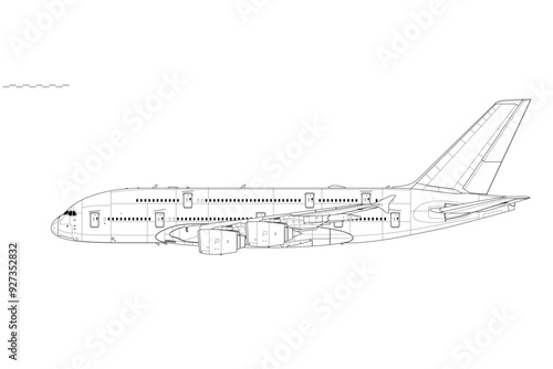 Airbus A380-800. Vector drawing of long-range, passenger jet airliner. Side view. Image for illustration and infographics.