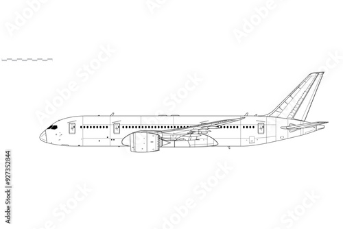 Boeing 787-8 Dreamliner. Vector drawing of passenger jet airliner. Side view. Image for illustration and infographics.