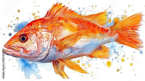A watercolor illustration of a northern red snapper fish is isolated on a white background, depicting its vibrant colors and details.