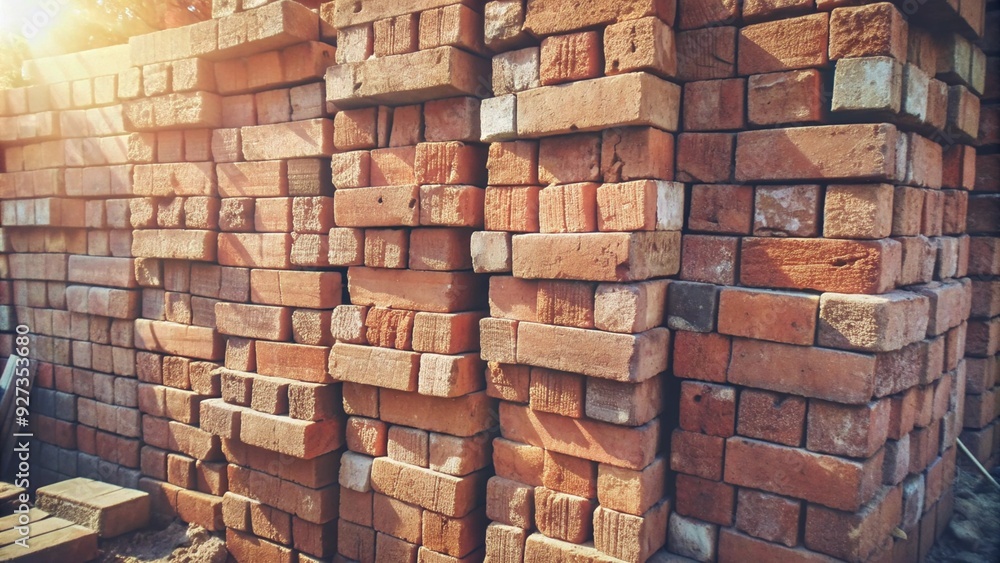 A stack of red bricks at a construction site, with sunlight casting shadows across the rough textures and subtle details of the brick surface.