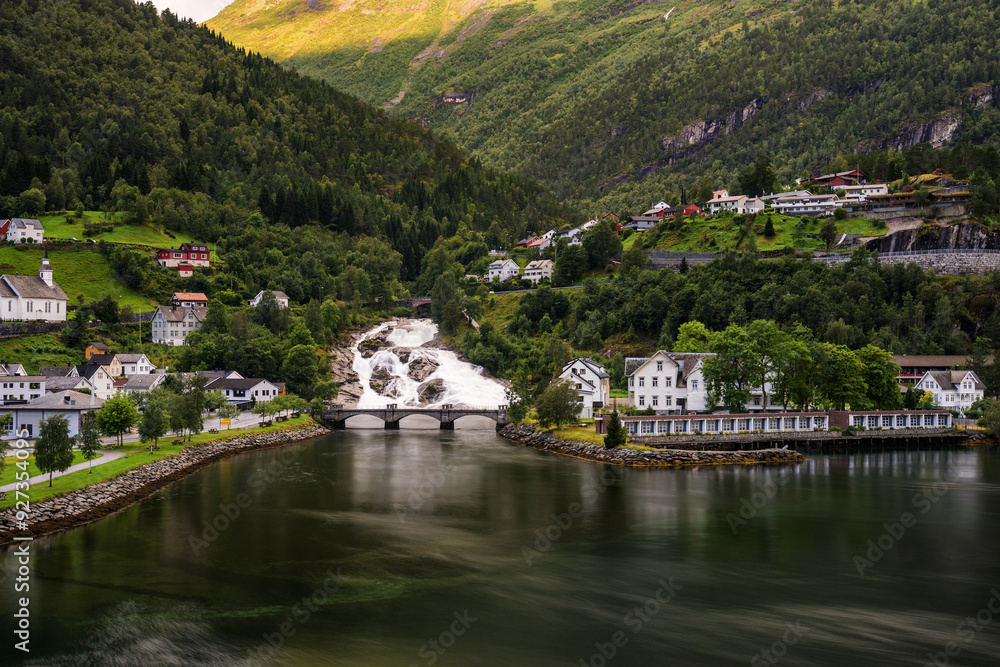 Fototapeta premium View of Hellesyltfossen, a waterfall in Hellesylt, Norway.