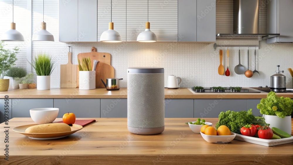 A sleek, modern smart speaker sits on a minimalist kitchen counter, surrounded by culinary utensils and sleek appliances, amidst a warm, inviting home atmosphere. A sleek, modern smart speaker sits on a minimalist kitchen counter, surrounded by culinary utensils and sleek appliances, amidst a warm, inviting home atmosphere.