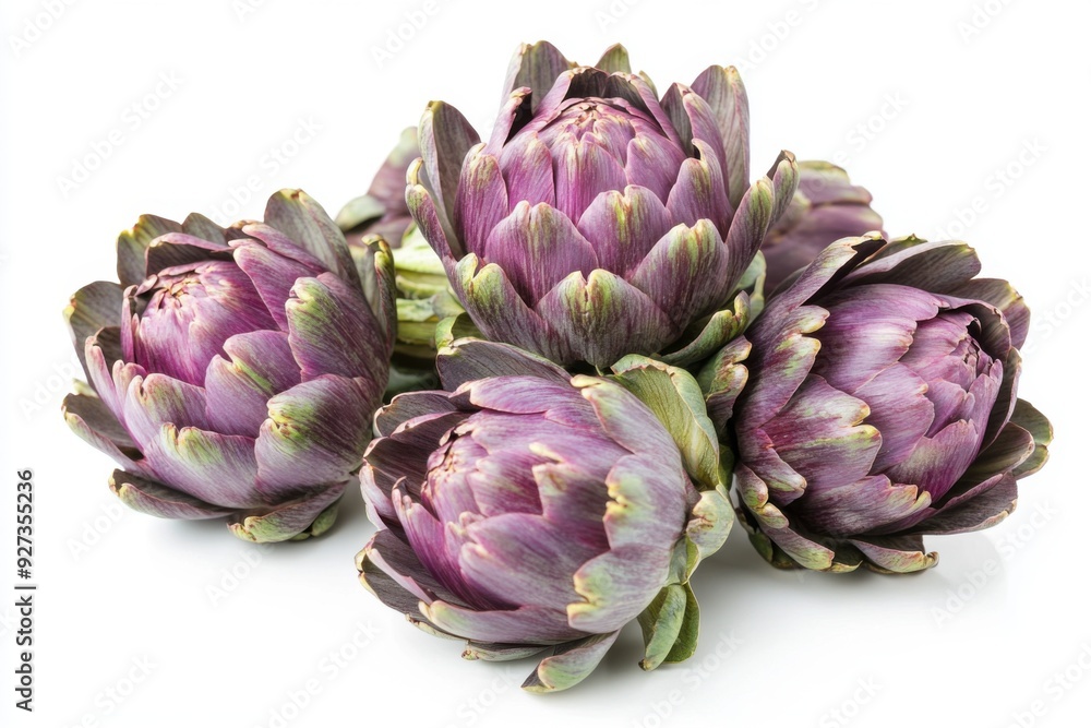 Fototapeta premium Elegant close-up of artichokes arranged artfully on a white background