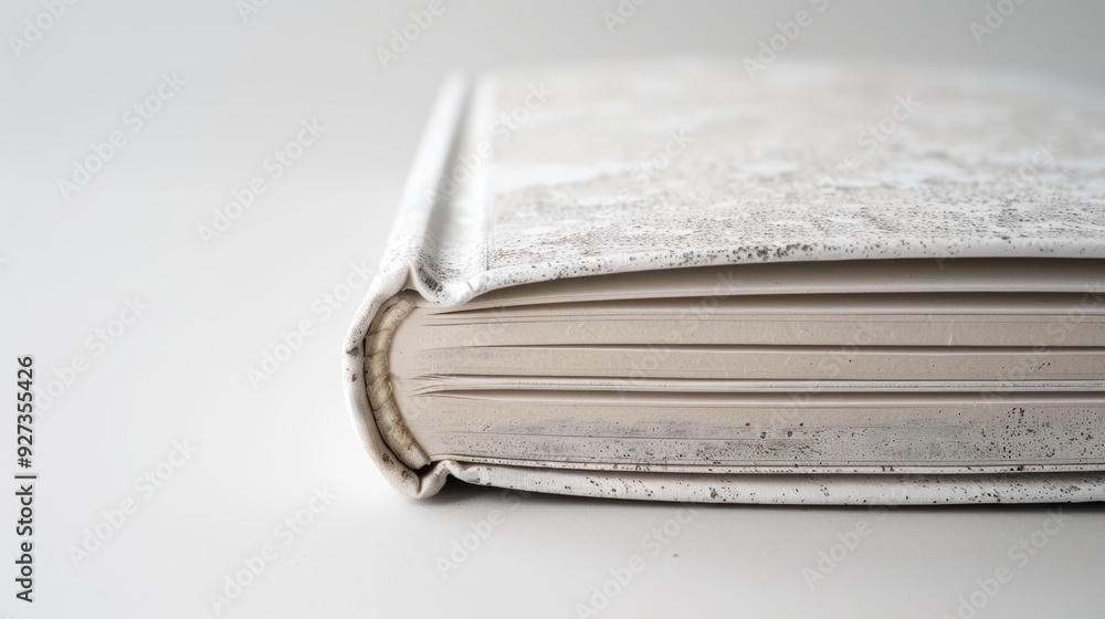 White book with a speckled cover is resting closed on a table, its ...