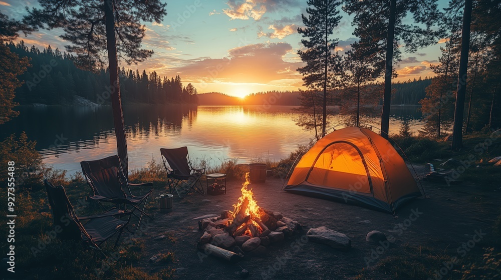 A tent set up by the lake, camping chairs and barbecue equipment around it A tent set up by the lake, camping chairs and barbecue equipment around it