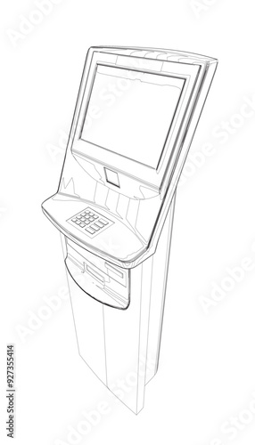 Contour ATM with display. Bank terminal for transaction, withdraw money and deposit to account. Vector illustration of outline cash machine with copy space for your text.