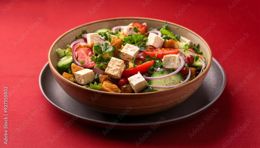 Indian healthy cuisine paneer salad on red background Indian healthy cuisine paneer salad on red background