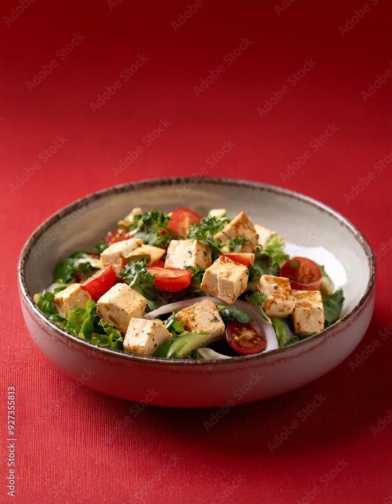 Indian healthy cuisine paneer salad on red background Indian healthy cuisine paneer salad on red background