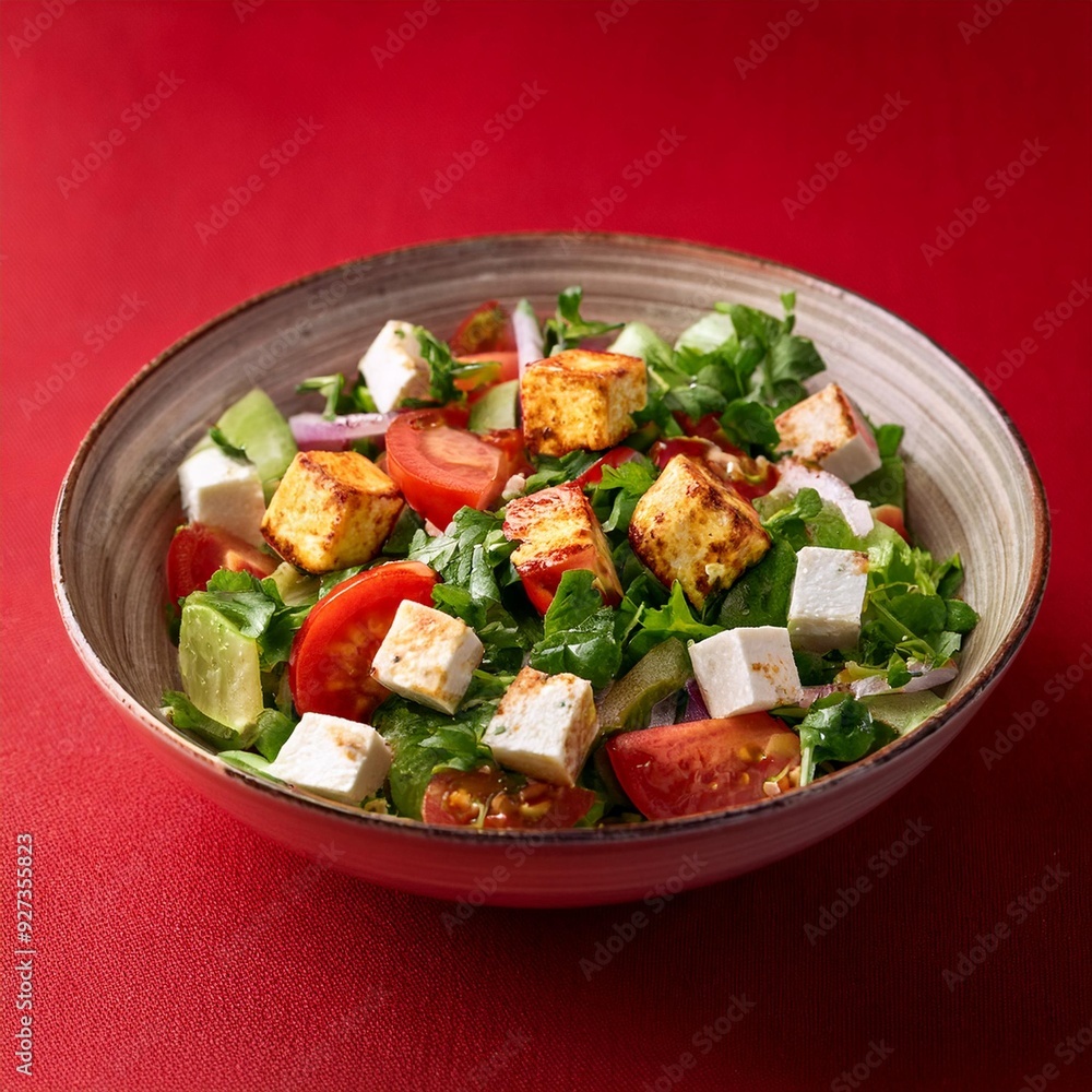 Indian healthy cuisine paneer salad on red background Indian healthy cuisine paneer salad on red background