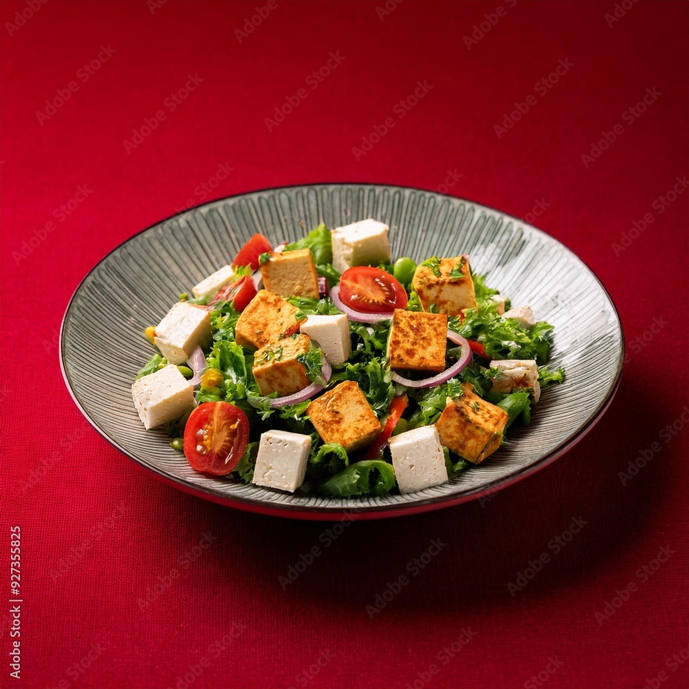 Indian healthy cuisine paneer salad on red background Indian healthy cuisine paneer salad on red background