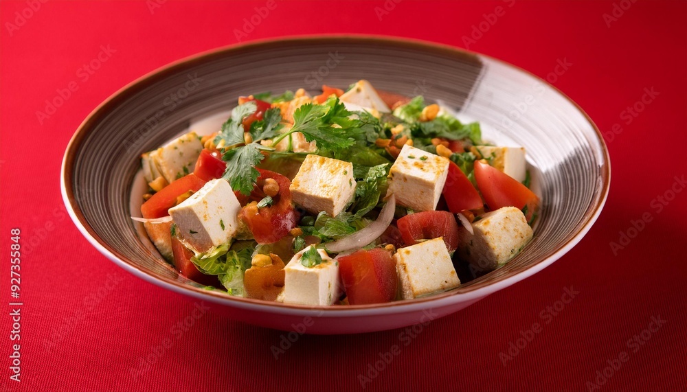 Indian healthy cuisine paneer salad on red background Indian healthy cuisine paneer salad on red background