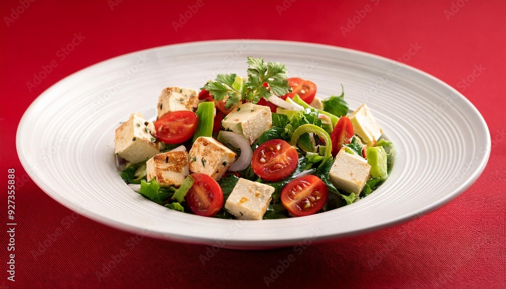 Indian healthy cuisine paneer salad on red background Indian healthy cuisine paneer salad on red background