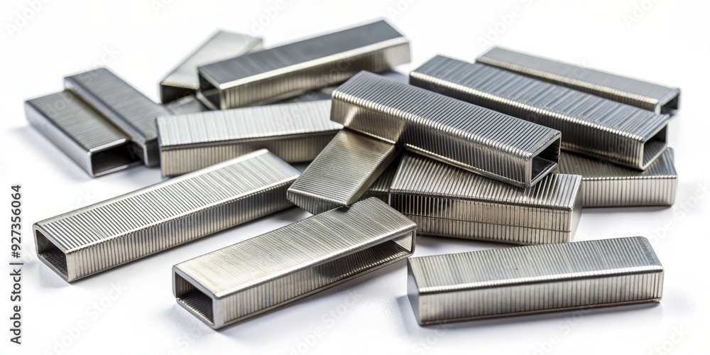 Close-up of assorted metal staples scattered on a clean white background, isolated and ready for use in office or craft projects, with varying sizes. Close-up of assorted metal staples scattered on a clean white background, isolated and ready for use in office or craft projects, with varying sizes.