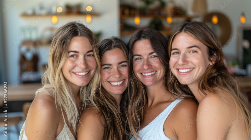 Portrait of happy women in casual clothes spending time together indoors. Four young friends met in a cafe. Friendship concept. Lifestyle. Portrait of happy women in casual clothes spending time together indoors. Four young friends met in a cafe. Friendship concept. Lifestyle.