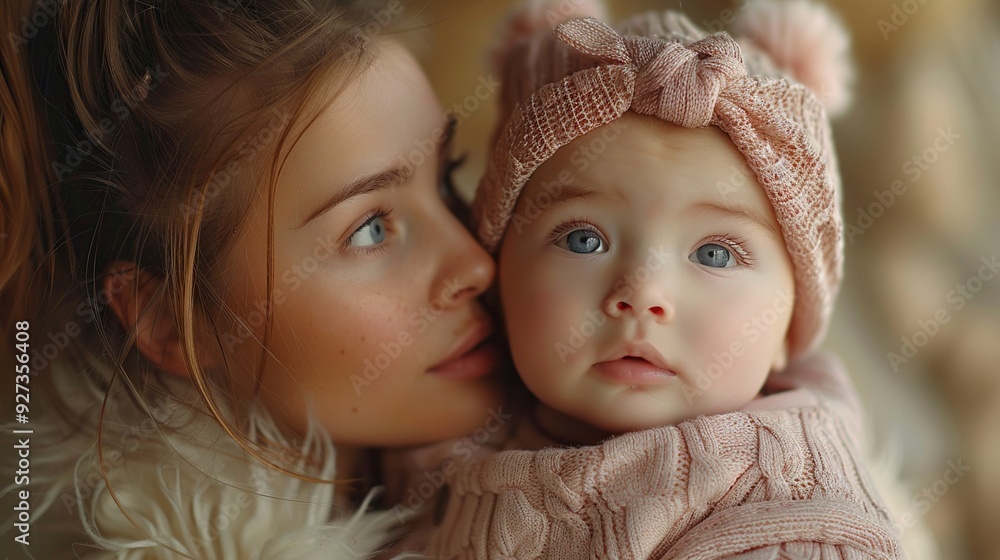 A young mother lovingly kisses her newborn baby, captured in isolation against a white background. A young mother lovingly kisses her newborn baby, captured in isolation against a white background.